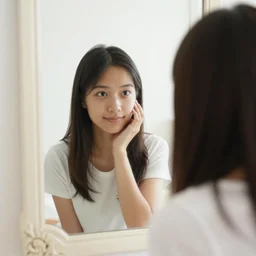 “first person perspective a girl looks in a mirror, photorealism”