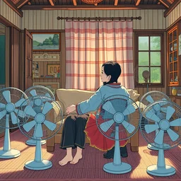 wide shot of asian couple hugging at each other, sitting in rural living room, group of mechanical fans placing around the room, day light, colorful mood, high details, octane render, 8 k, digital illustration by kyuyong eom, realistic painting by aivazovsky. thick linings, manga