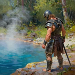 an armored man finding a colorful hotspring deep in the forest, oil painting, highly detailed, featured on artstation