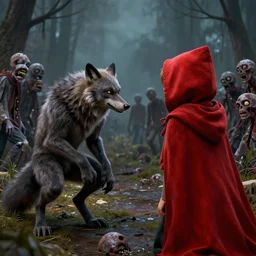 werewolf and red riding hood staring at the zombies, 3d scene, render, ultra realistic, zenith view, Frank Frazetta, Richard Corben, artstation, cgsociety, level design, unreal engine, 3d scene, render, ultra realistic