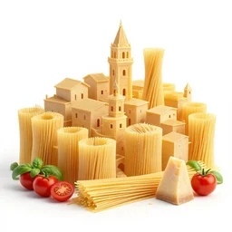 an italian town made of pasta, tomatoes, basil and parmesan