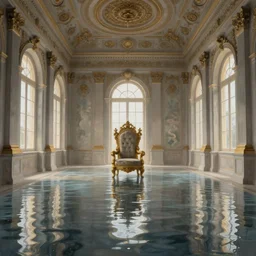 Wandering a Flooded Throne Room. Ornate hall. Beautiful Ceilings and Walls. Majestic Chair and Windows. Water reflecting light. Pristine Digital Painting by Tyler Edlin. 4K HD Wallpaper, Premium Prints Available.