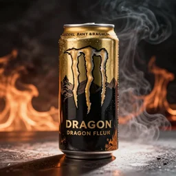 an aluminium can of a dragon-flavored energy drink, professional studio photography, smokey and fiery background, packshot