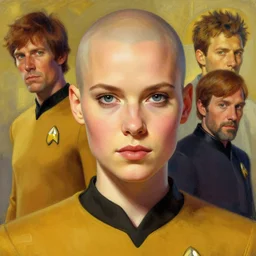 a bald serbian!!! young woman as a star trek captain, a still from star trek painted by artgerm and greg rutkowski and alphonse mucha. clear highly detailed face, beautiful sci fi art