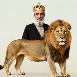 photo of mohammadreza pahlavi, is wearing a crown, a lion is standing by his side, color, vintage
