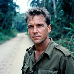 film still, portrait, head and shoulders, dirt road background, jeff goldblum, jungle, vietnam war soldier, apocalypse now, associated press, 2 6 mm, kodak ektachrome, blue tint expired film,