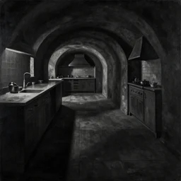 volumetric shadows, volumetric lighting, black goya painting, el greco, antoni gaudi, curved perspective, naive, extra narrow, by rhads, an underground kitchen with large floor