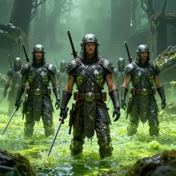 group of sardaukar soldiers in a chlorine swamp, green hour, retrofuturism sci - fi old movie, highly detailed, photorealistic, 8 k, by beksinski and stalenhag