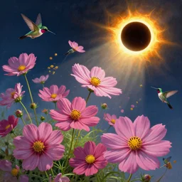 a fantastic realist comic book style painting of flowers launched into the cosmos, the enchanted circling of hummingbirds, solar eclipse, 8 k, ultra realistic, lens flare, atmosphere, glow, detailed, intricate, full of colour, cinematic lighting, 4 k, hyperrealistic, focused, extreme details, unreal engine 5, cinematic, masterpiece