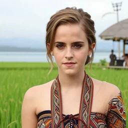 emma watson wearing batik bali in bali. temple lake rice field ocean. front view. instagram closeup holiday photo shoot, perfect faces, beautiful, light