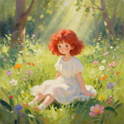 a cute girl with short curly red hair sitting in a field of flowers, god rays are passing through the trees in the background, oil painting
