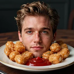 food photo of channing tatum's face as tater tot on a plate with ketchup