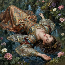artistic painting of an medieval princess, wearing ornate robes, beautiful eyes and lips, floating supine in a forest pond, flowers, art by artgerm and wlop and brom, highly detailed, 8 k, cinematic, digital painting, sharp focus, illustration, masterpiece