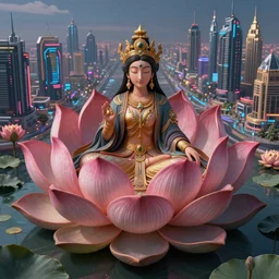 Beautiful 3d render of the flower queen goddess on a giant lotus, centered, symmetry, with the third eye on her forehead, painted, intricate, volumetric lighting, beautiful, rich deep colours masterpiece, sharp focus, ultra detailed, in the style of Markr yden and marc simonetti, with a clear crowded futuristic cyberpunk dubai city in the background, astrophotgraphy