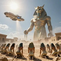 The alien gods descended from the heavens, their spacecraft shining in the light of the sun. They were huge and intimidating, and the Egyptians fell to their knees in fear.