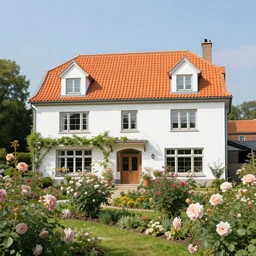 ile de re house with a garden full of tremiere rose, two stores, white walls, orange roof