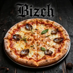 black metal album cover art themed around pizza