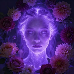 closeup portrait of an ethereal person made of purple light, divine, cyberspace, mysterious, surrounded by flowers, roses, dahlias, art by Artgerm