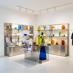 flower retail store, minimal, stainless steel and color glass, frame magazine, archidaily, contemporary art and sculpture