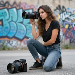 an urban photo, with graffiti in the background and a kneeling urban girl, curved lens, camera sony a 7 c, lens sony 1 6 - 3 5 mm f / 2. 8