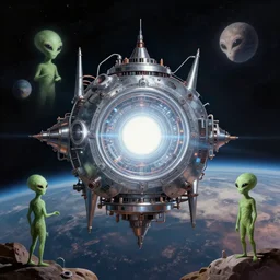 teleportation machine on a planet, with aliens using it, the machine is a large metal contraption with a bright light in the center, style of stuckism