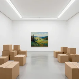 a white room in a modern art gallery with a parque floor, which is filled to the ceiling with cardboard boxes, a single detailed landscape painting by anthony copely fielding on the back wall.
