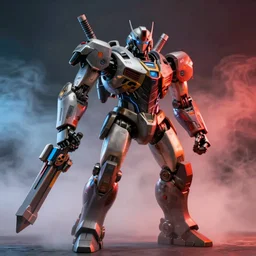 robot warrior holding a powerful weapon with fog behind it, realistic, hyperrealistic, dramatic, dramatic colorful lighting, trending on art station, image of the day