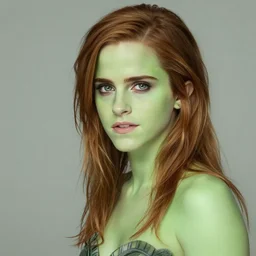a alien version of emma watson. hyper detailed. detailed eyes. green skin. pretty. sexy. hyper realistic. full body photography. trending on social media.