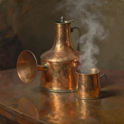 oil painting of copper still by anders zorn, wonderful art by greg rutkowski, beautiful cinematic light, american romanticism by greg manchess, reflections in copper, sunlight, dust and steam