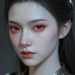 a portrait of a beautiful lady, pale skin, red eye, scifi!, 3 5 mm, photorealistic, depth of field, detailed, high definition, octane