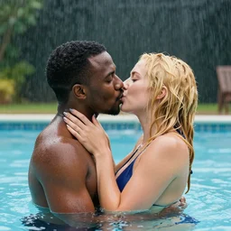 african american man and blonde woman kissing in the rain at a pool.
