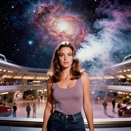 1970 muscled Mila Kunis looking into the camera, puffs of colored smoke, enormous luminal space background, space ship lobby, grand vista, nebula, Ludek Pesek, Rick Guidice, Chesley Bonestell, Lucien Rudaux, Rolf Klep, Fred Freeman, George Pal