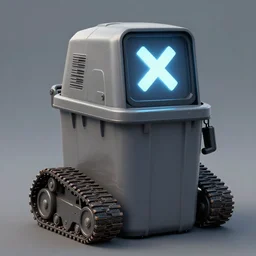 droid in a form of a trash bin with tank treads with a giant x on its face monitor, 4 k, concept art, trending on artstation