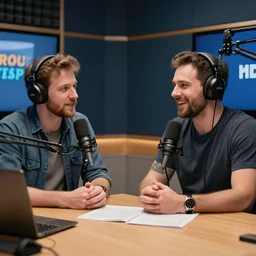 podcast in a radio station, photorealistic, hd, trending on artstation