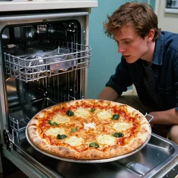 a pizza in the dishwasher by simon stalenhag and robbert sammelin and eric persson, 4 k, hd wallpaper, hdr, tonemapping, detailed, atmospheric, majestical lighting, saturated, wet