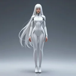 upright and straight girl, scifi, futuristic design, full body model, long white hair, character design, cinematic lighting, highly detailed, by beeple, goro fujita, smooth gradient.