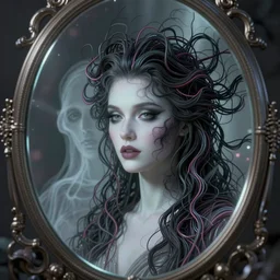 the eternal mirror with a beautiful possessed woman fused with lovecraft, cosmic entity, the thing, the blob, cable wires as hair, ghostly, portrait, intricate details, by vincent di fate, artgerm, julie bell, beeple and Greg Rutkowski, 80s, concept, Smooth gradients, octane render, 8k, High contrast, duo tone, depth of field, very coherent symmetrical artwork