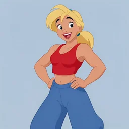 character portrait, an athletic young woman with blonde ponytails, a happy and enthusiastic expression, wearing a red tank top and voluminous blue pants, painted by Disney