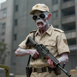 pale bleeding zombie postman single in beige uniform with background burtalist concrete building trending on artstation digital painting highly detailed 4 k 8 k hd holding bullpup