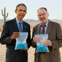 obama and walter white holding ziploc bags of crystal blue meth, in the desert, film still, 4k, photorealistic, hd