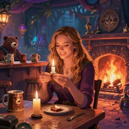 kate beckinsale blow out the candles, sit in fantasy tavern near fireplace, behind bar deck with bear mugs, medieval dnd, colorfull digital fantasy art, 4k