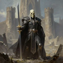 Sauron skeletal mask holding sword intimidating standing in front of Minas Morgul fortress Minas Ithil ring wraith fantasy painting mid distance 40mm fullbody
