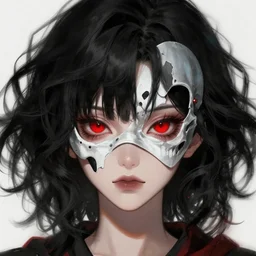 face portrait of an anime girl with black curly hair and red vibrant eyes wearing a half skull mask, perfect face details, symmetry, digital painting, trending on artstation and deviantart, epic composition, dynamic, highly detailed, ross draws, wlop, 8 k