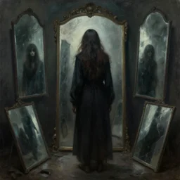beautiful fantasy painting of disturbing figure standing in the mirror, mirrors, haunting, haunted