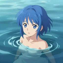 High quality art of a girl with short blue hair drowned in the sea, anime style. Art by Makoto Shinkai, Crunchyroll, pixiv, danbooru, HD
