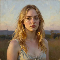 Elle Fanning as an Android, oil on canvas, golden hour, artstation, by J. C. Leyendecker and Peter Paul Rubens,
