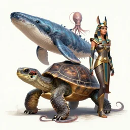 fantasy fairytale portrait, hybrid great leviathan cybernetic turtle cephalopod terrapin reptilian pachyderm squid, symbiotic, bella hadid cara delevingne anubis warrior, hot springs cave, candlelight, natural light, lush plants flowers, mountains, bright clouds, luminous stellar sky, outer worlds, michael whelan, w. a. bouguereau, michael cheval, oil painting, hd,