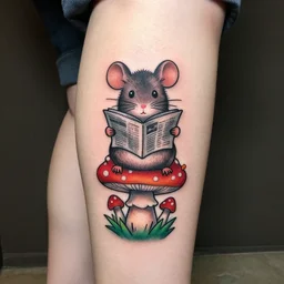 tatoo on girl's leg with cute rat reading newspapper sitting on magic mushroom