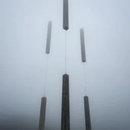 thick fog, 6 stelae pointing down from the sky, untethered stelae, zdzislaw beksinski