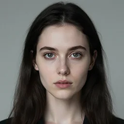 beautiful dark haired scottish woman with pale skin and symmetrical round eyes